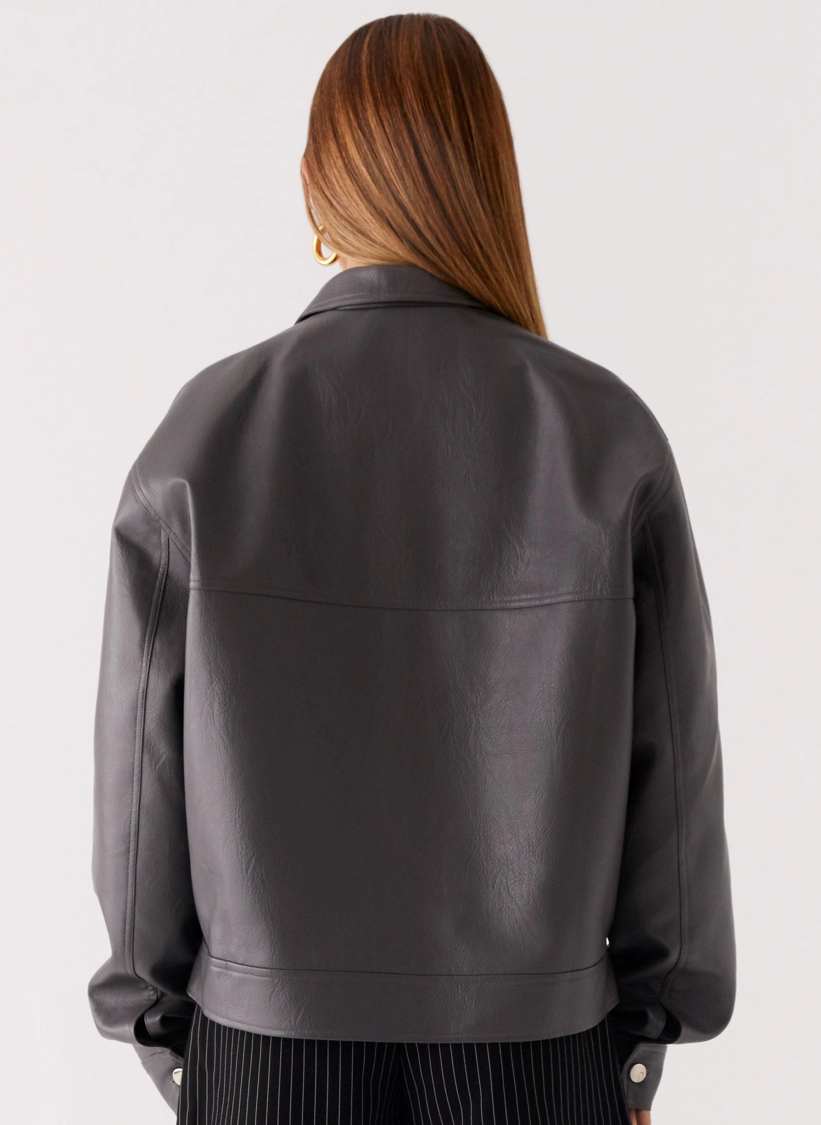 Clean Fit High Collar Design Lula Faux Leather Bomber Jacket - Charcoal