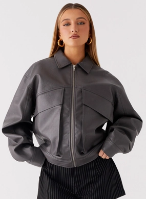 Multi Pocket Lula Faux Leather Bomber Jacket - Charcoal