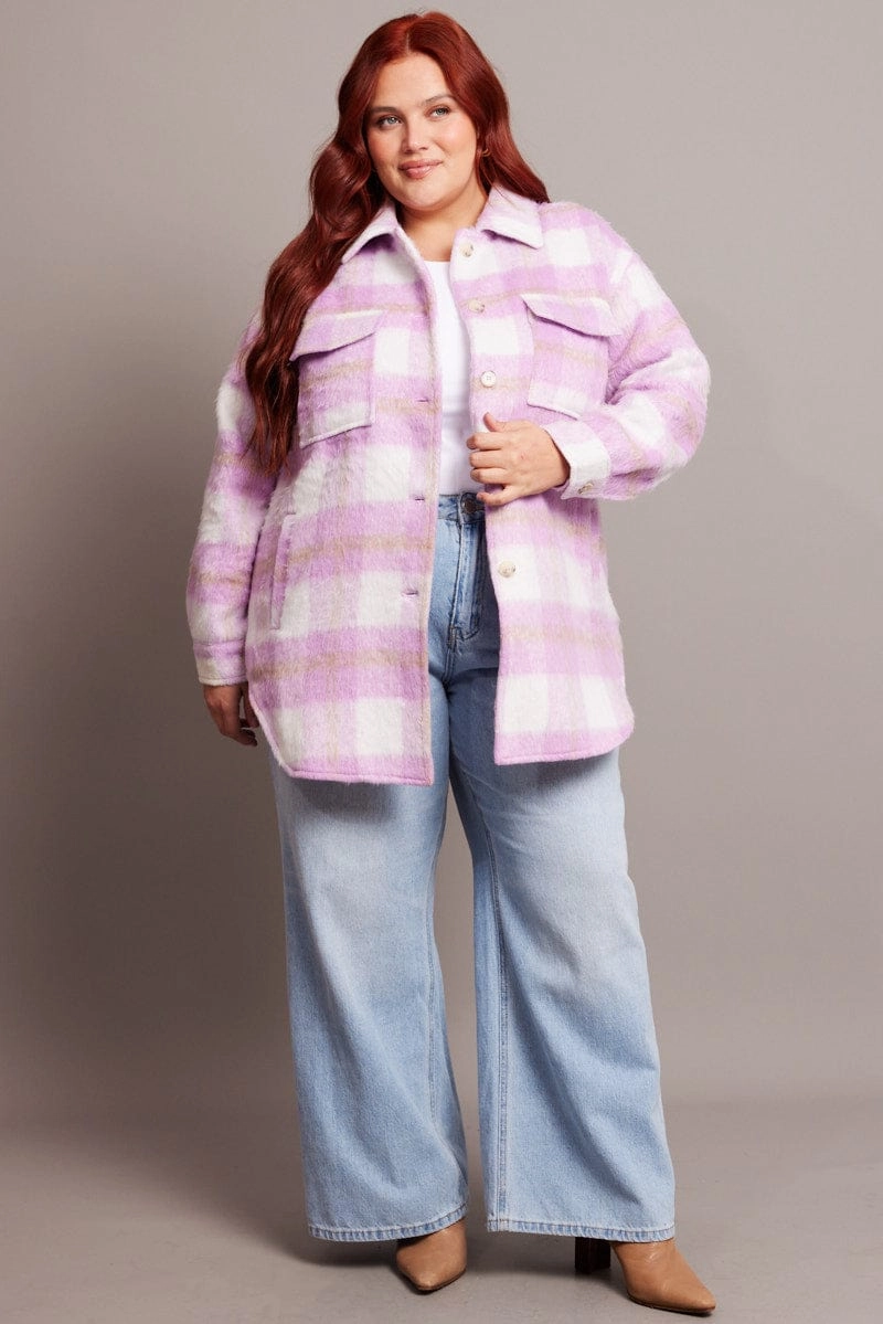 Foldable Design Modular Layering Compatibility Purple Check Check Shacket Long Sleeve