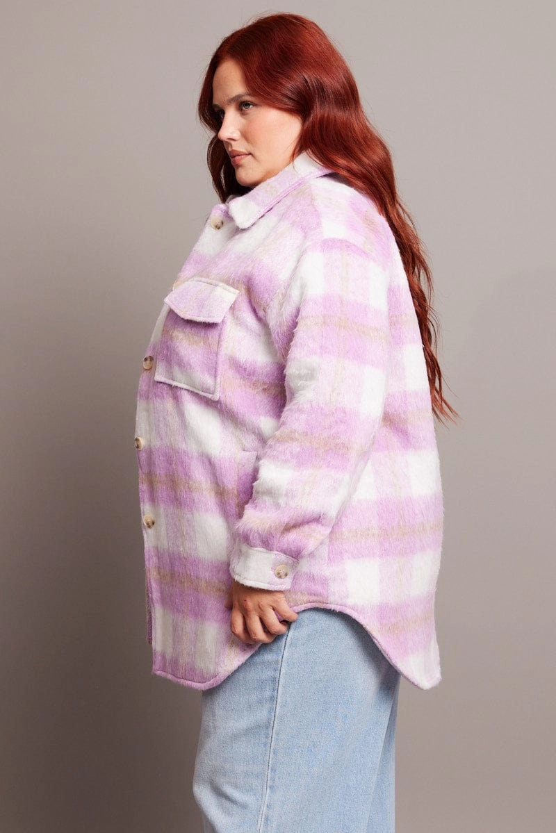 Glove Friendly Cuff Design Purple Check Check Shacket Long Sleeve