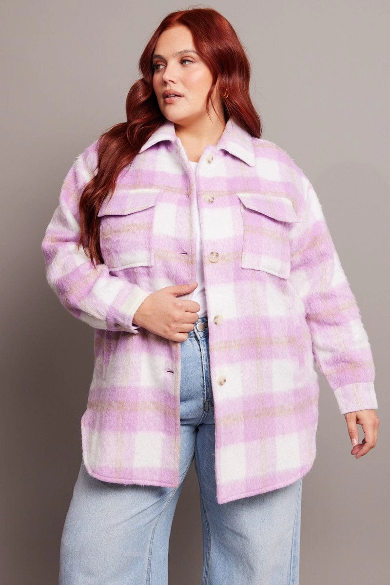 Urban Fit Look Purple Check Check Shacket Long Sleeve