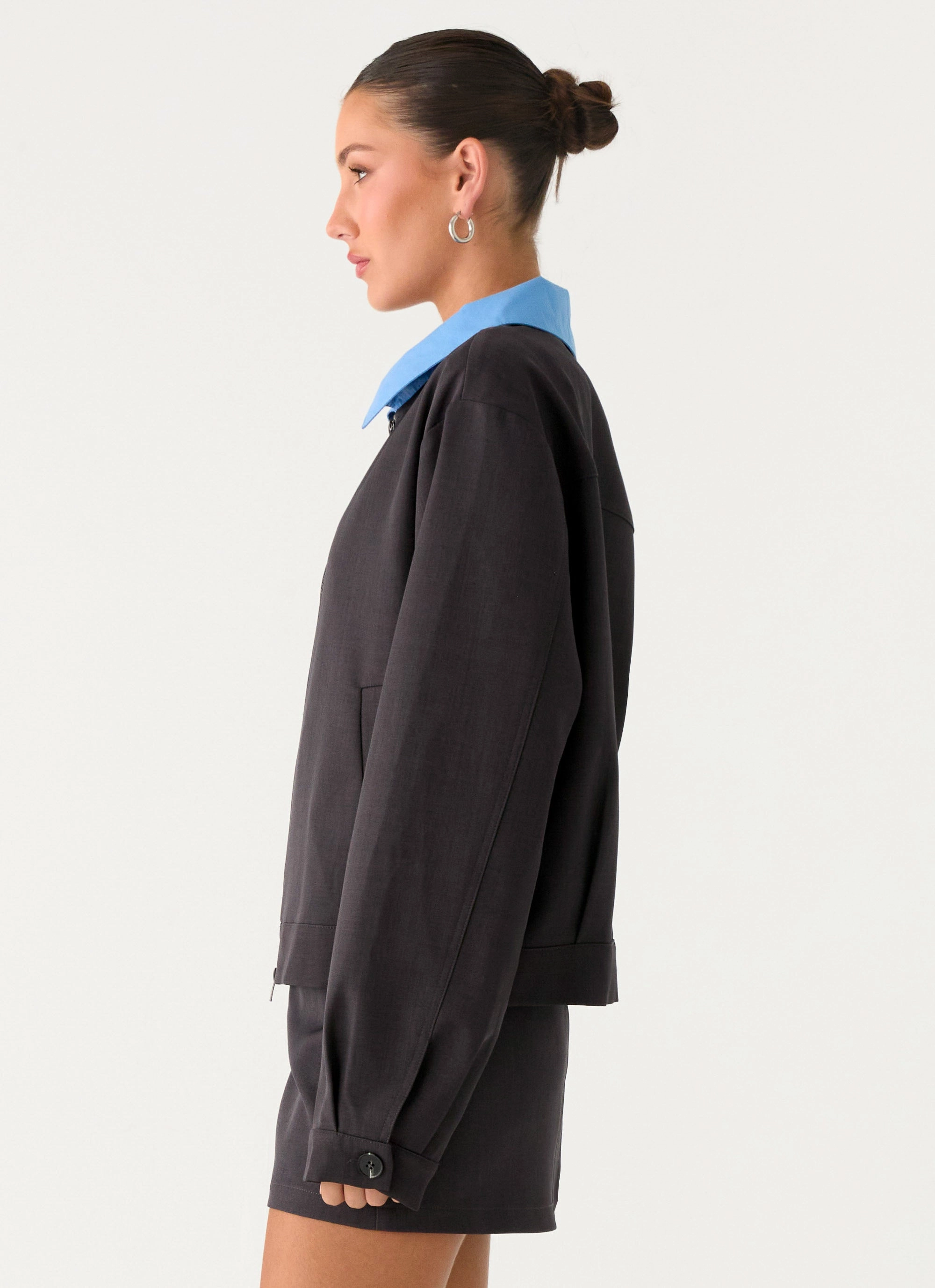 Harlee Poplin Suiting Jacket - Charcoal Concealed Zippers