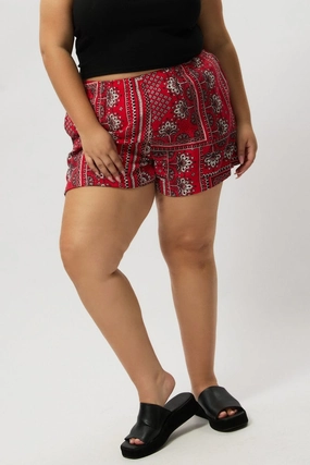 Red Boho Elastic Waist Shorts Eco Friendly Fabric Quick Flex Fit