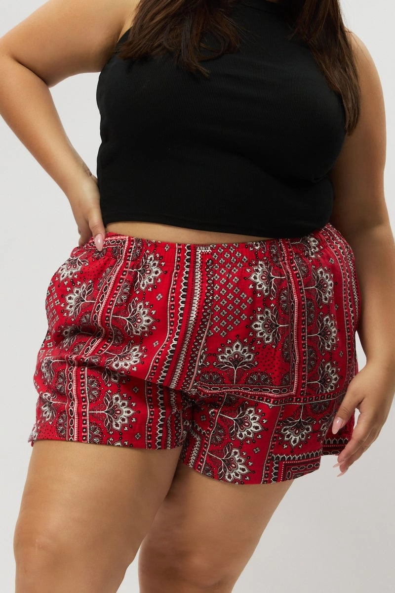 Red Boho Elastic Waist Shorts date night look Subtle Charm
