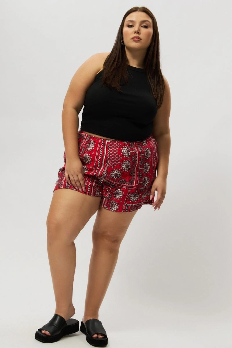 Day Comfort Red Boho Elastic Waist Shorts