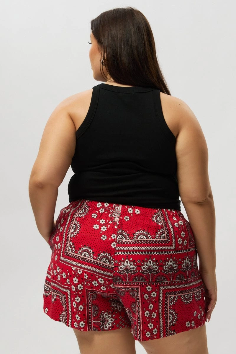 Red Boho Elastic Waist Shorts Versatile Styling