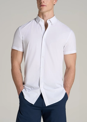 EasyCareMaterial Sporty Hoodie Short Sleeve Traveler Stretch Button Shirt for Tall Men in Bright White