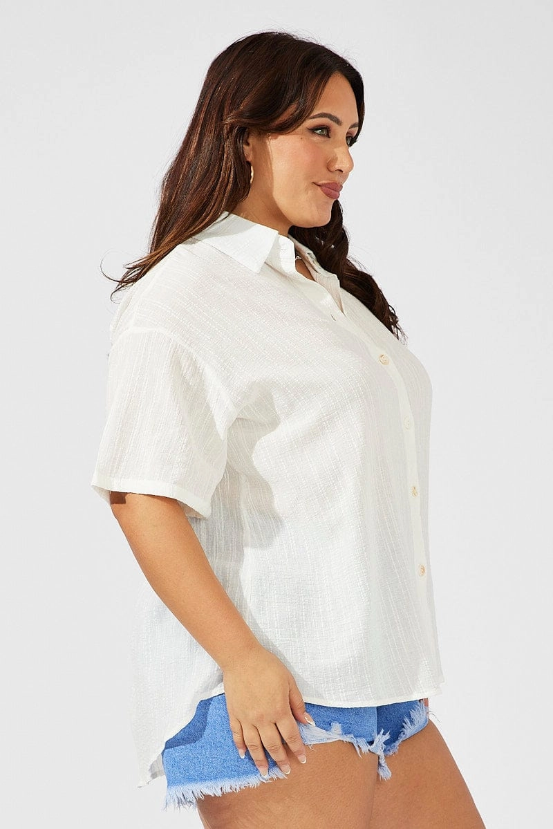 Soft Stretch Collar Round Collar White Relaxed Shirt Short Sleeve Textured