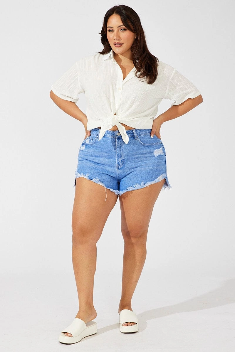 White Relaxed Shirt Short Sleeve Textured Ergonomic Sleeve Cut