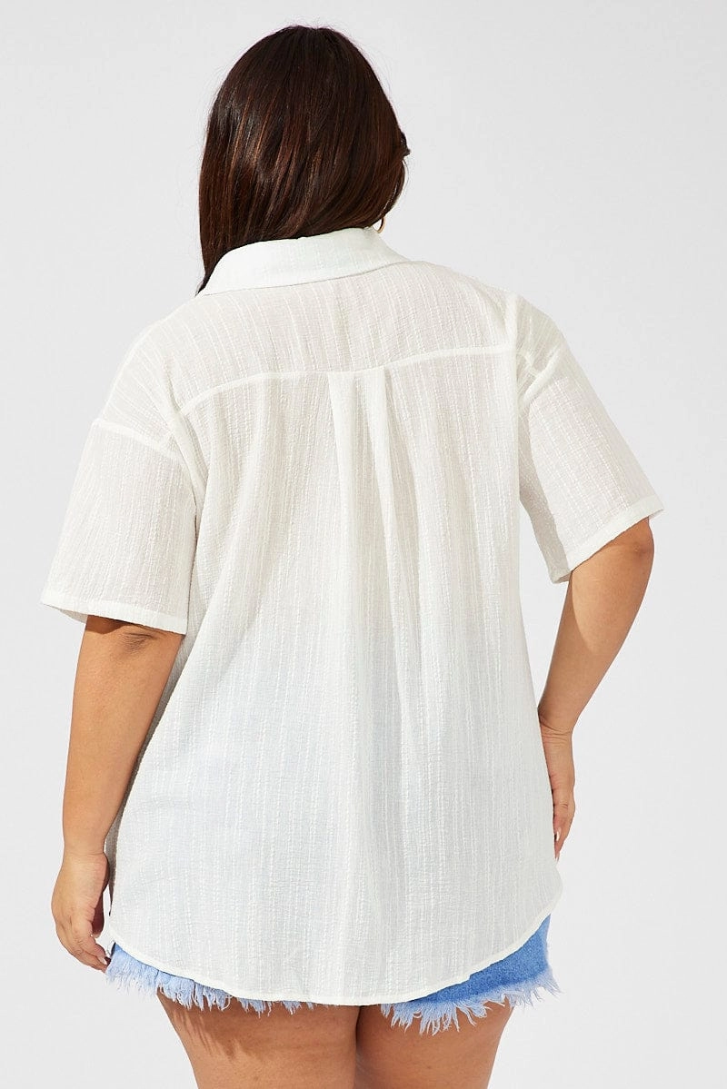 Reinforced Elasticity White Relaxed Shirt Short Sleeve Textured