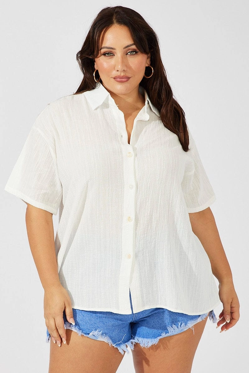 White Relaxed Shirt Short Sleeve Textured Preppy Vibe