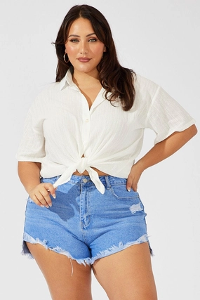 White Relaxed Shirt Short Sleeve Textured Cuffed hem
