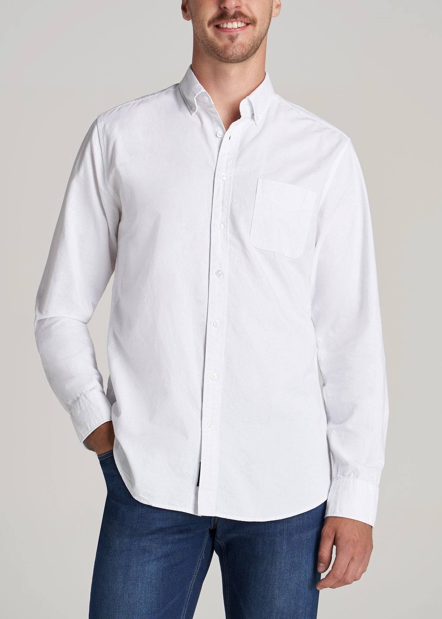 Washed Oxford Shirt for Tall Men in White Brushed Microfiber Surface