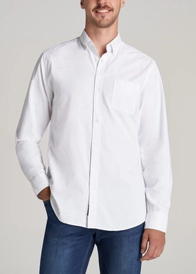 Washed Oxford Shirt for Tall Men in White Brushed Microfiber Surface