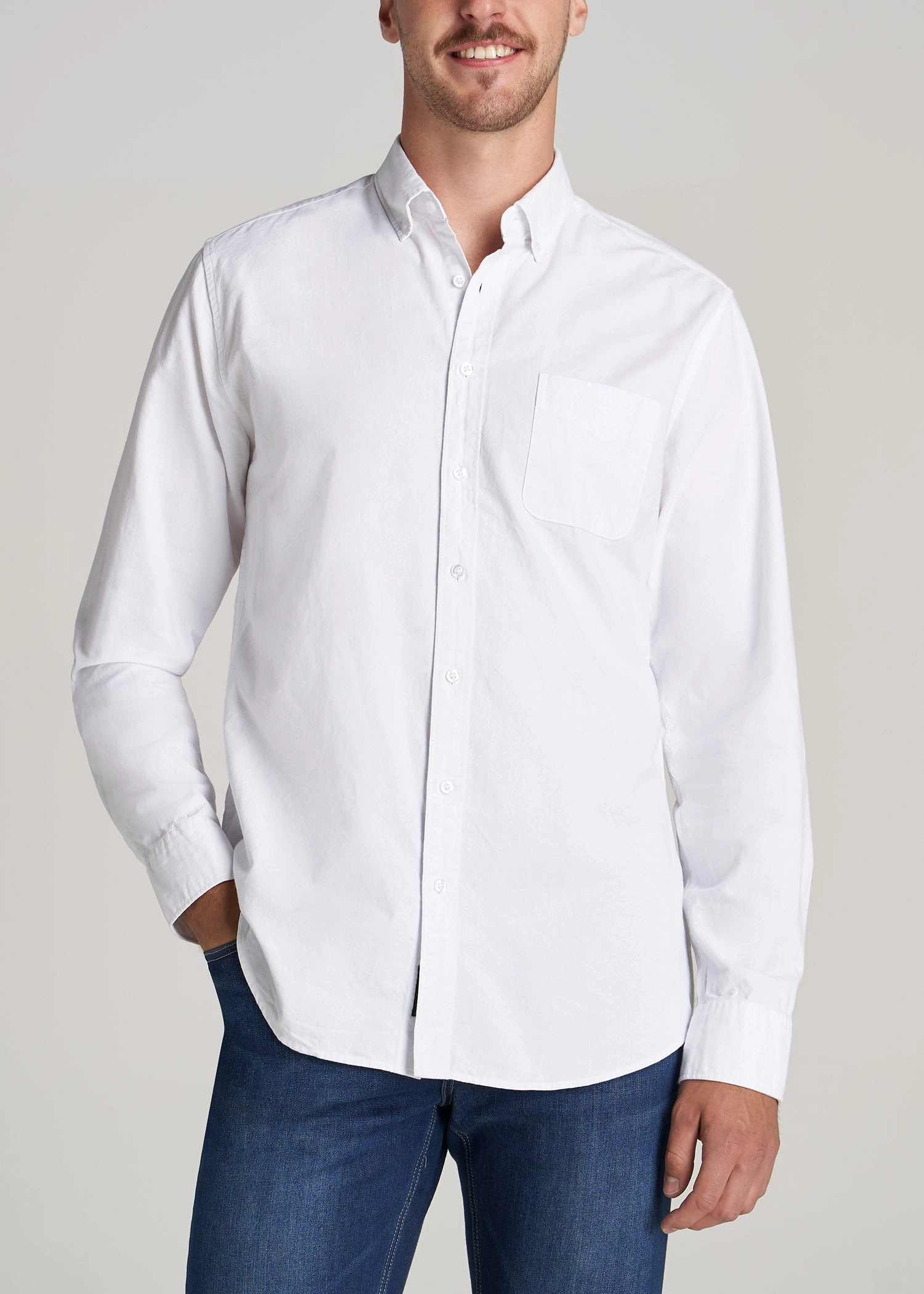 Washed Oxford Shirt for Tall Men in White HighCollar Design