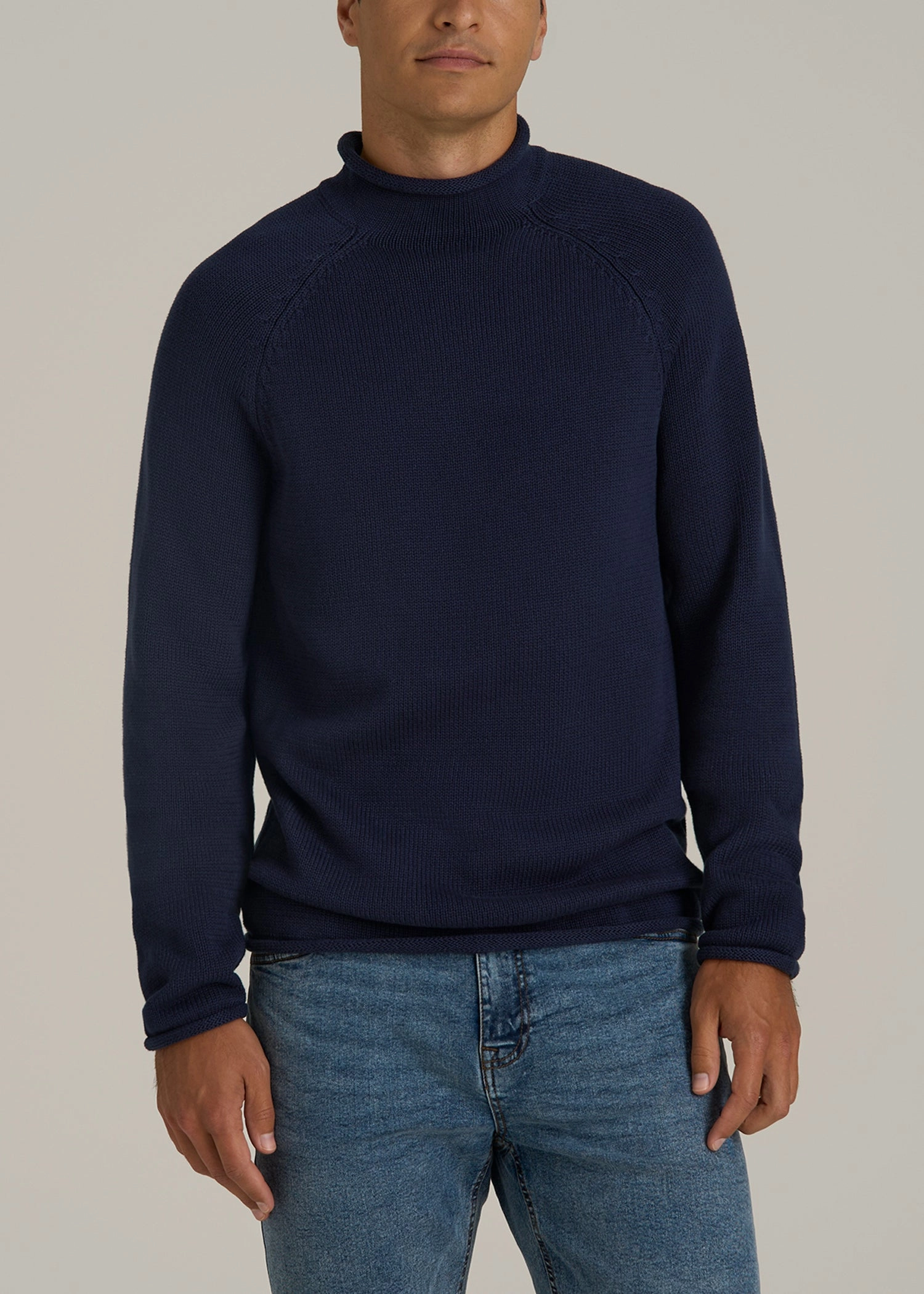 Fisherman Knit Rolled Mock Neck Sweater for Tall Men in Patriot Blue Cool Shades product stain resistant convenience