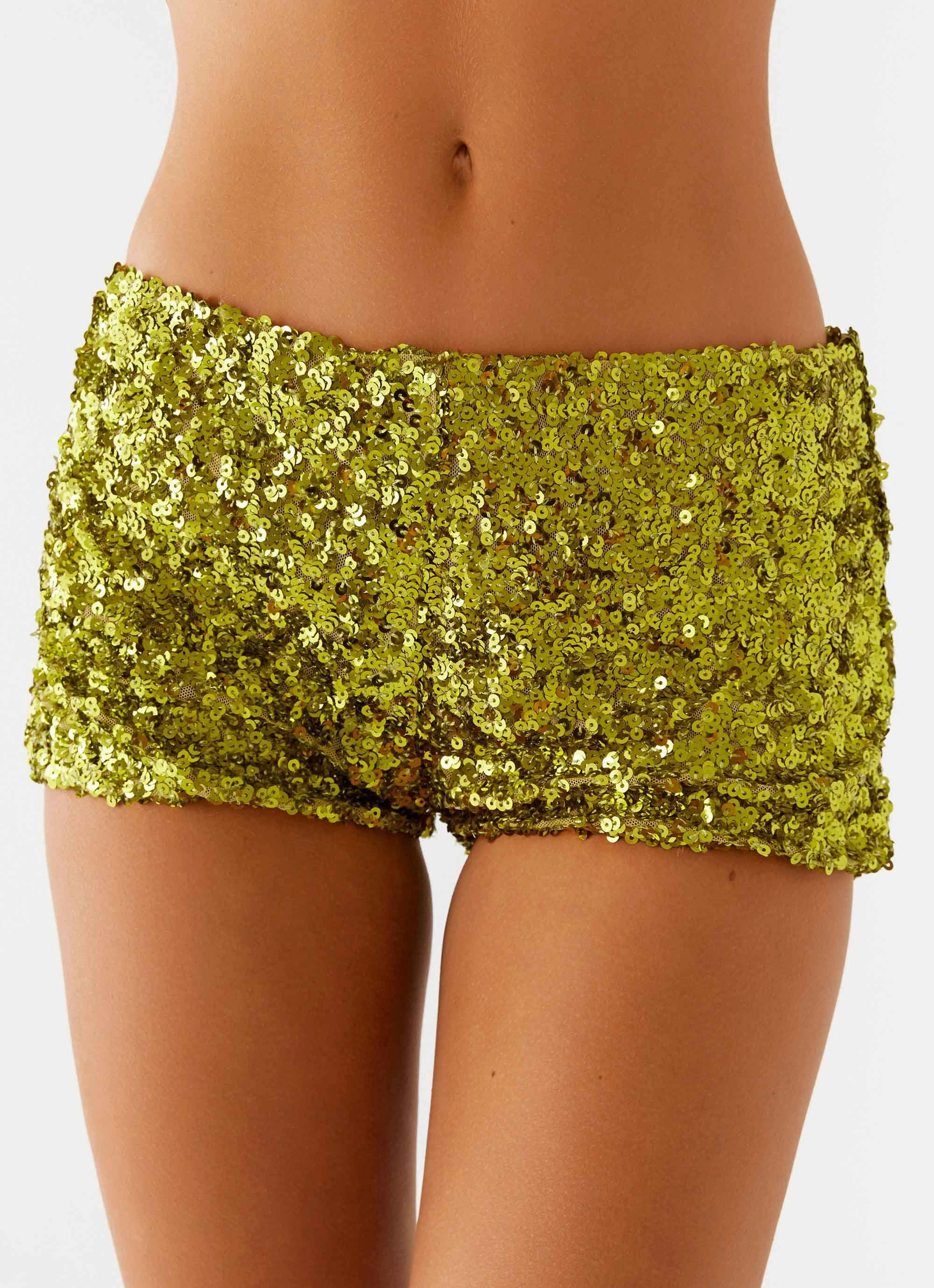 Stretch Wear Quick Pocket Access After Midnight Low Rise Sequin Mini Shorts - Olive