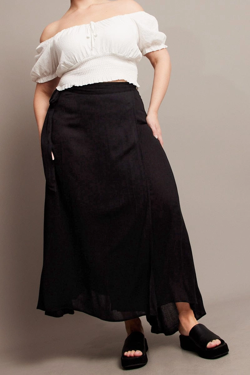 Innovative Fabric Minimal Design Black Crinkle Wrap Maxi Skirt