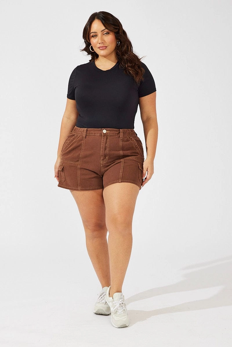 Brown Cargo Shorts High Rise Flexible Movement Cut
