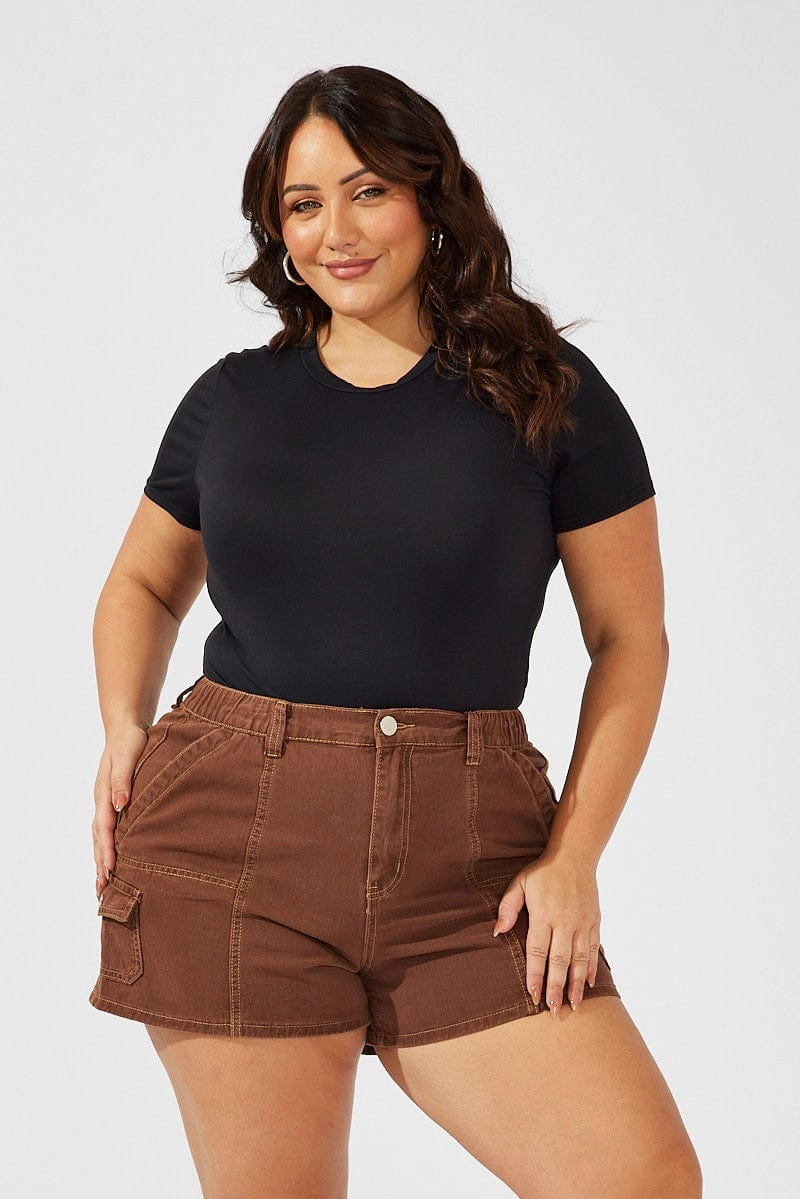 Teflon Coated Finish Brown Cargo Shorts High Rise