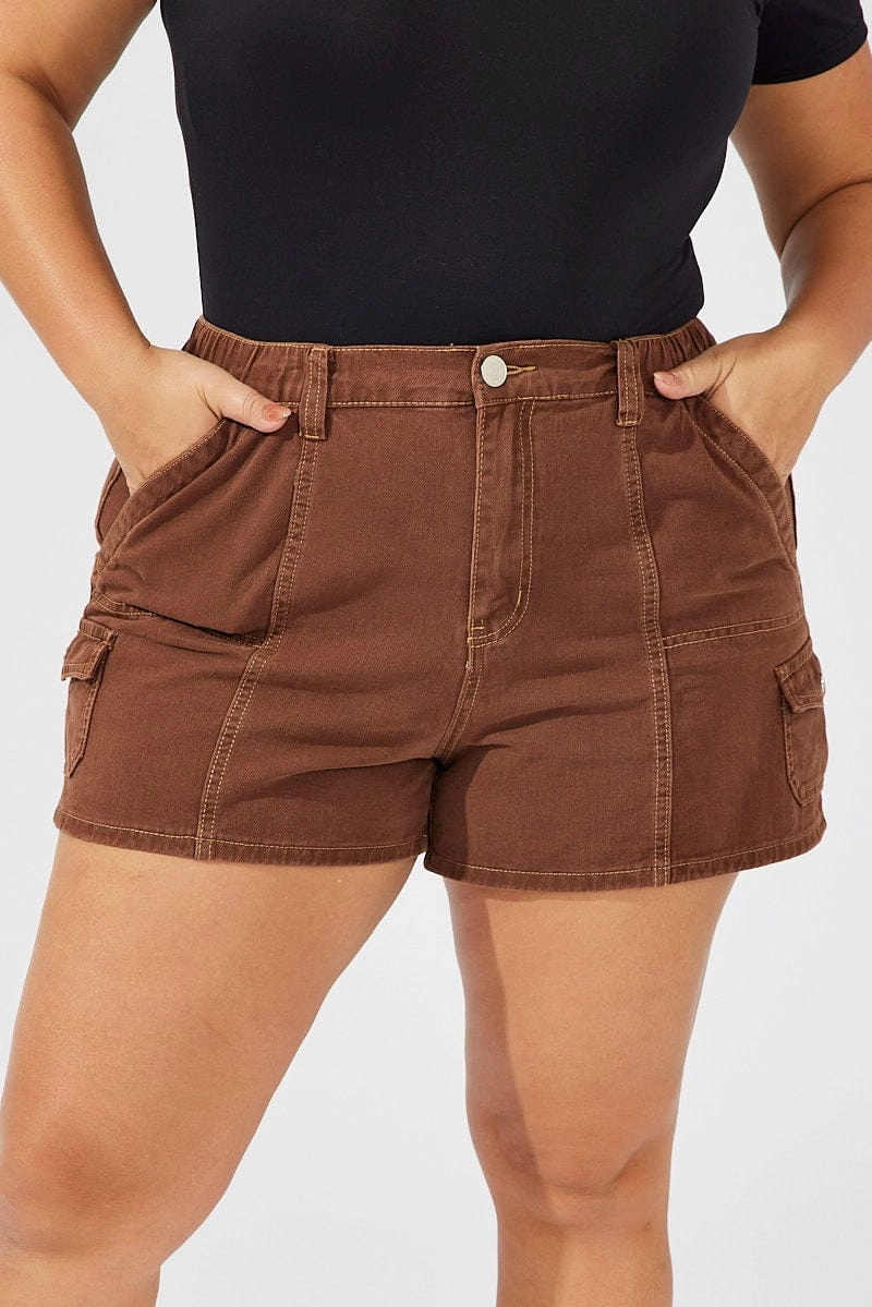 Brown Cargo Shorts High Rise Rubberized Grip Waistband Go Light
