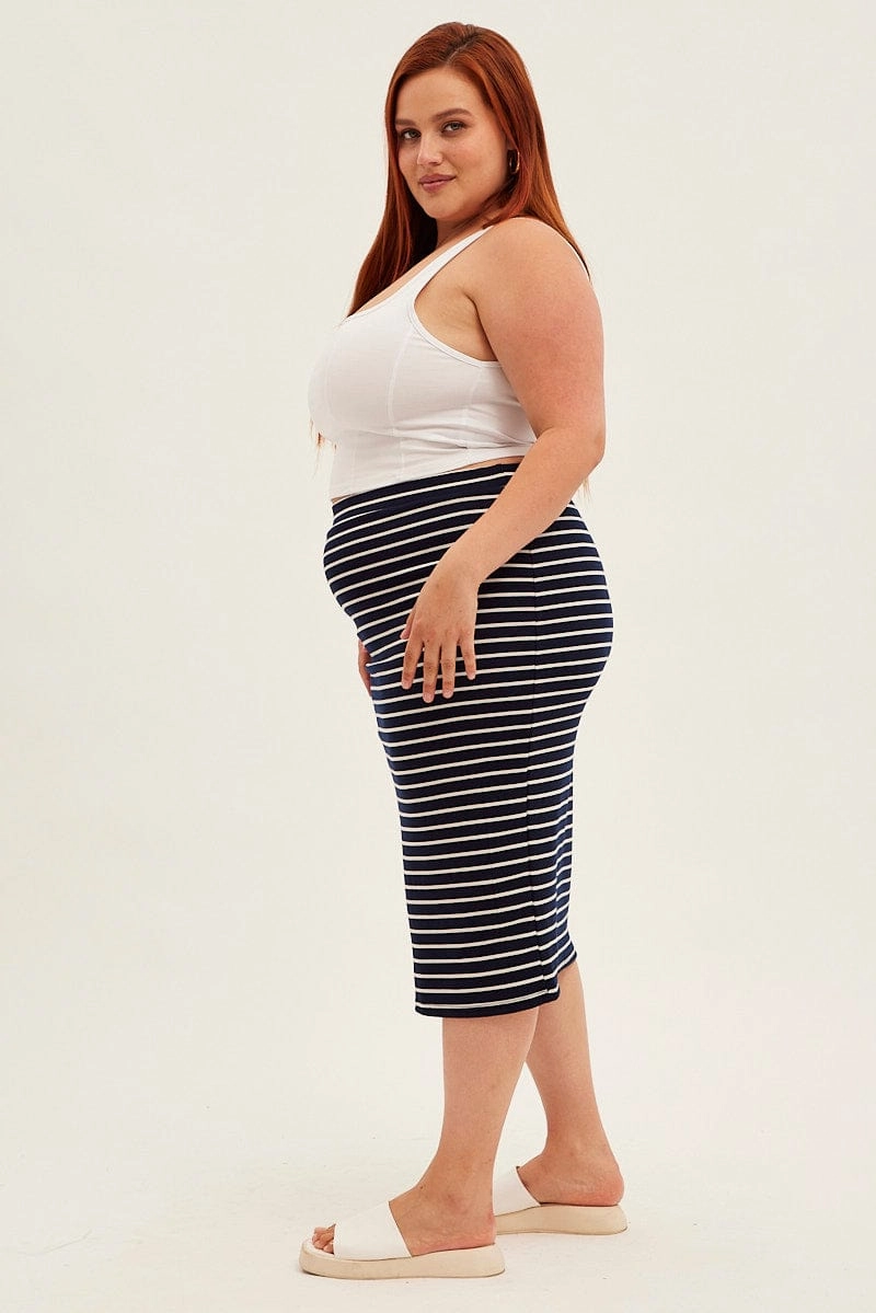 Minimalist Chic Blue Stripe Midi Skirt High Waist