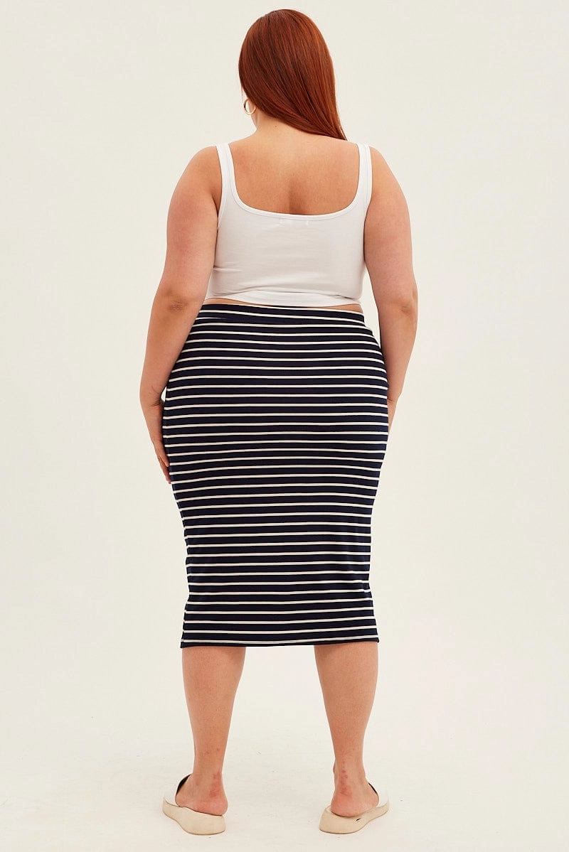 Outfit Moodboard Fashion Tones Blue Stripe Midi Skirt High Waist