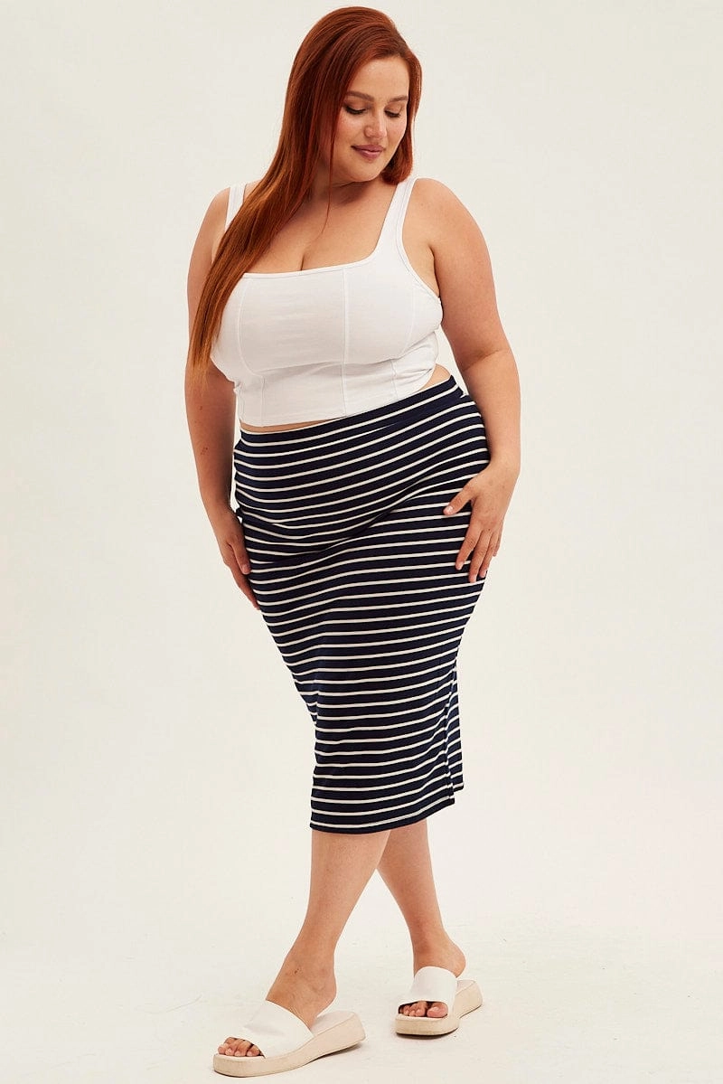 Blue Stripe Midi Skirt High Waist Comfy Fit