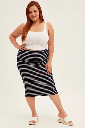 Subtle Detail Blue Stripe Midi Skirt High Waist