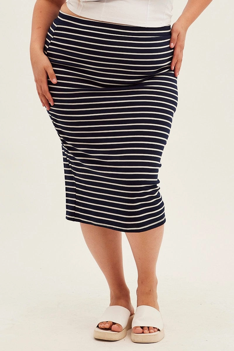 Contemporary Design Easy Layer Blue Stripe Midi Skirt High Waist