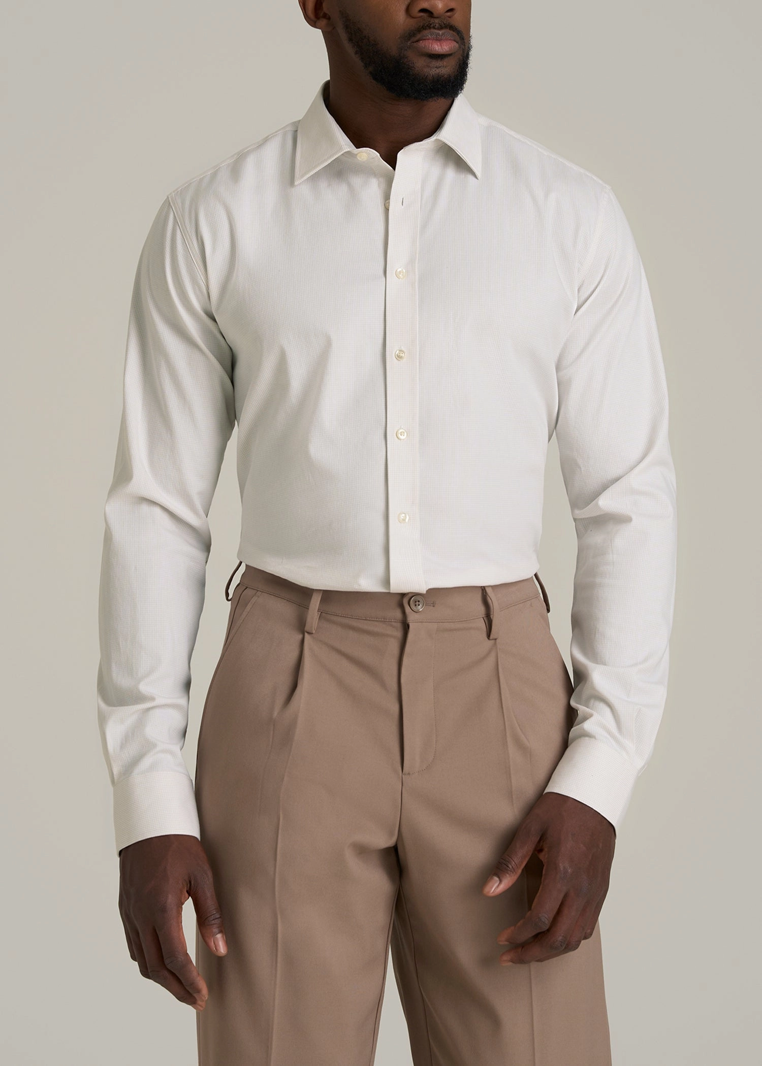 Reinforced Shoulder Odor Neutralizing Technology Oskar Button-Up Dress Shirt for Tall Men in Beige Mini Gingham
