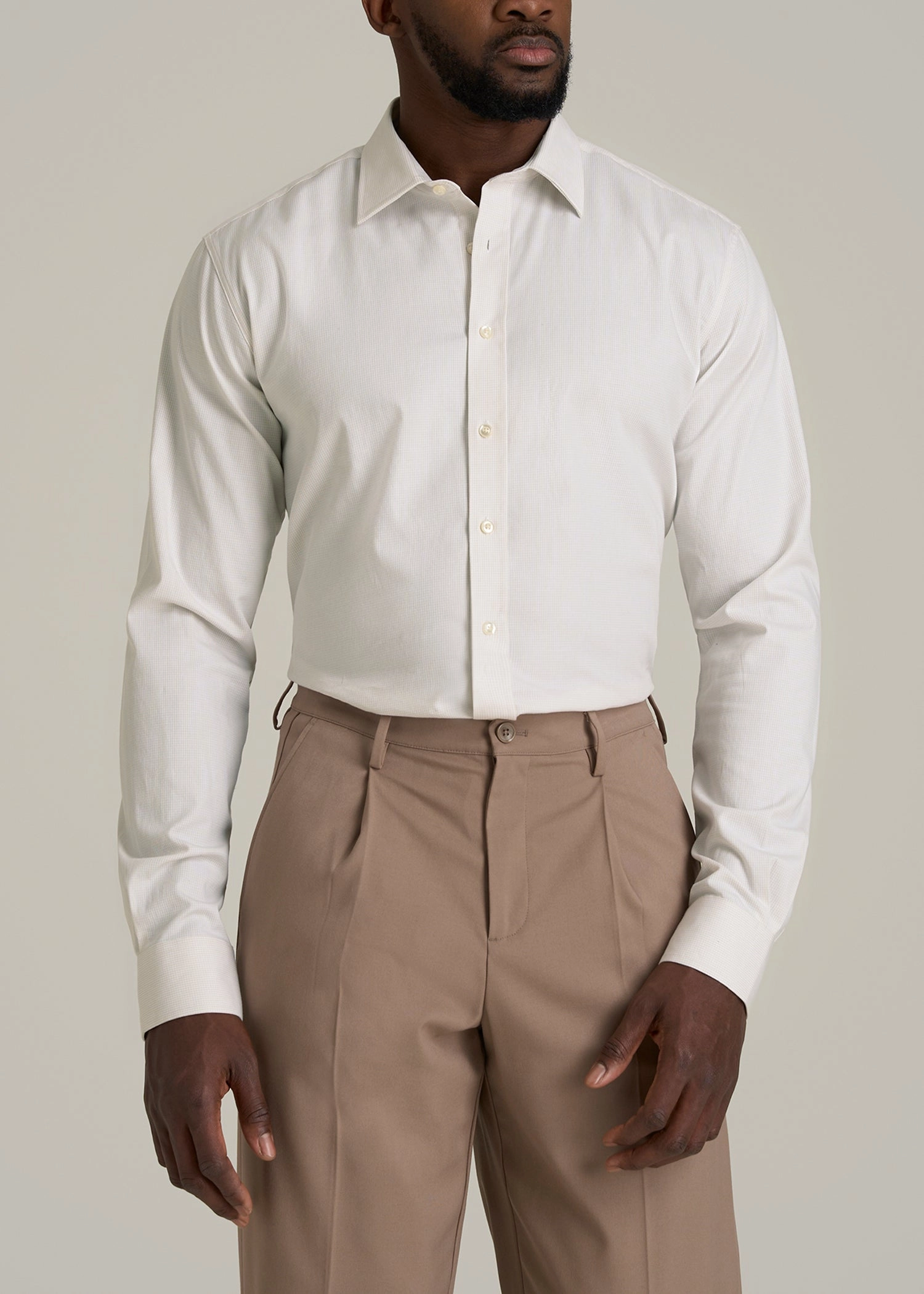 StainRepellentCoating Oskar Button-Up Dress Shirt for Tall Men in Beige Mini Gingham