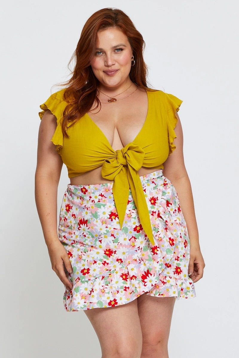 Floral Print Skort Skirt High Rise Frill Hem Polka Dot Mall Brand Look