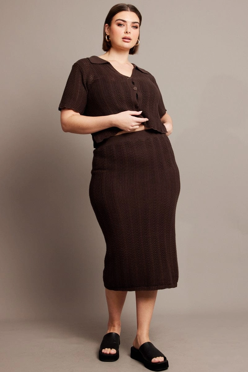 Pastel tone Easy Combo Brown Crochet Look Knit Skirt
