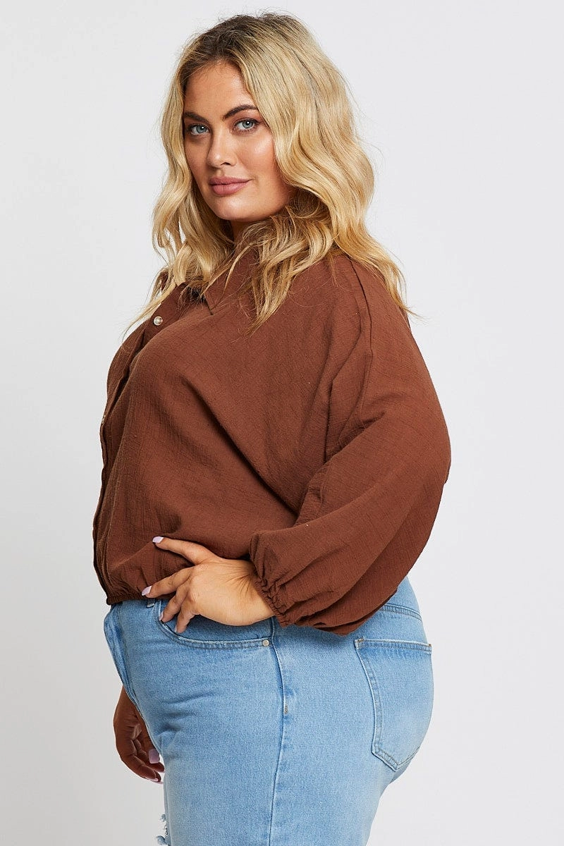 Brown Textured Shirt Off Long Sleeve Double Needle Hemming