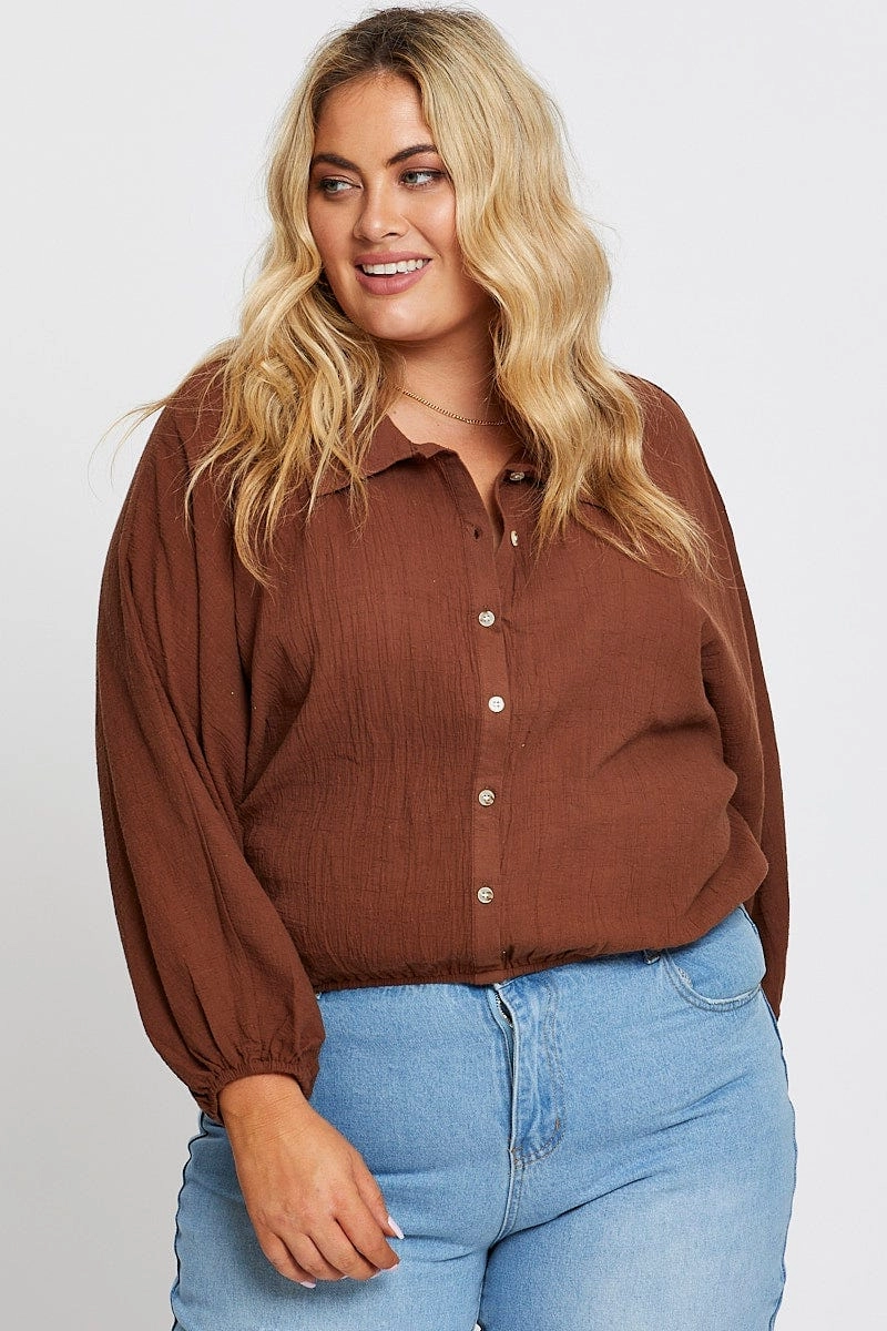 Brown Textured Shirt Off Long Sleeve Subtle patterns