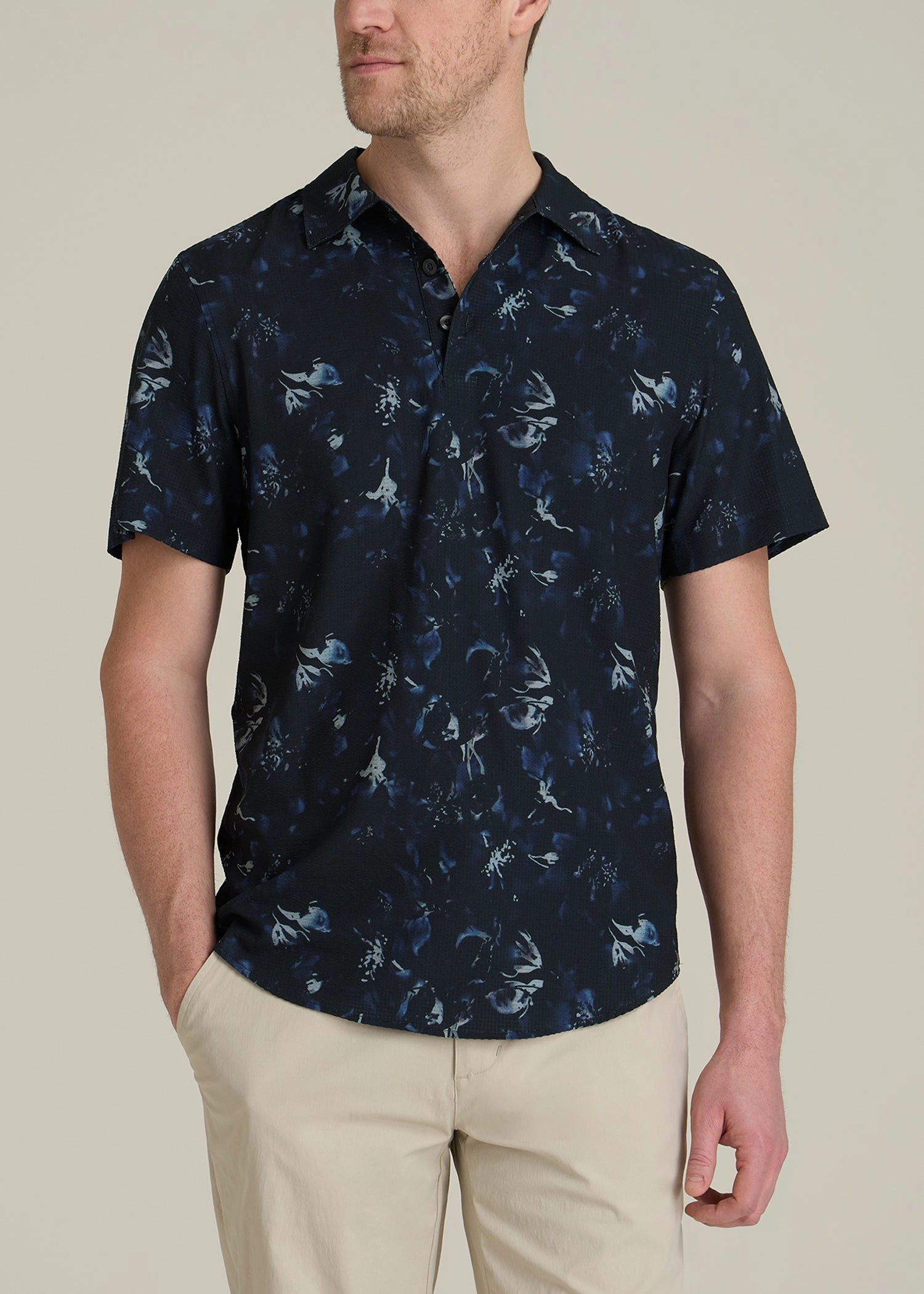 Coastal Perforated Tall Men's Polo Shirt in Black and Violet Floral Breathable Weave