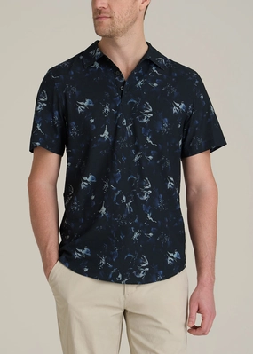 Coastal Perforated Tall Men's Polo Shirt in Black and Violet Floral Breathable Weave