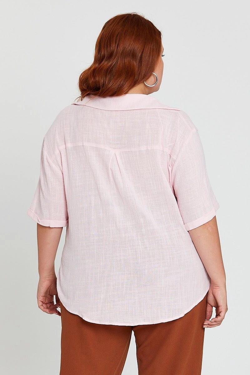 Pink V-neck Shirt Short Sleeve Textured Long Sleeve