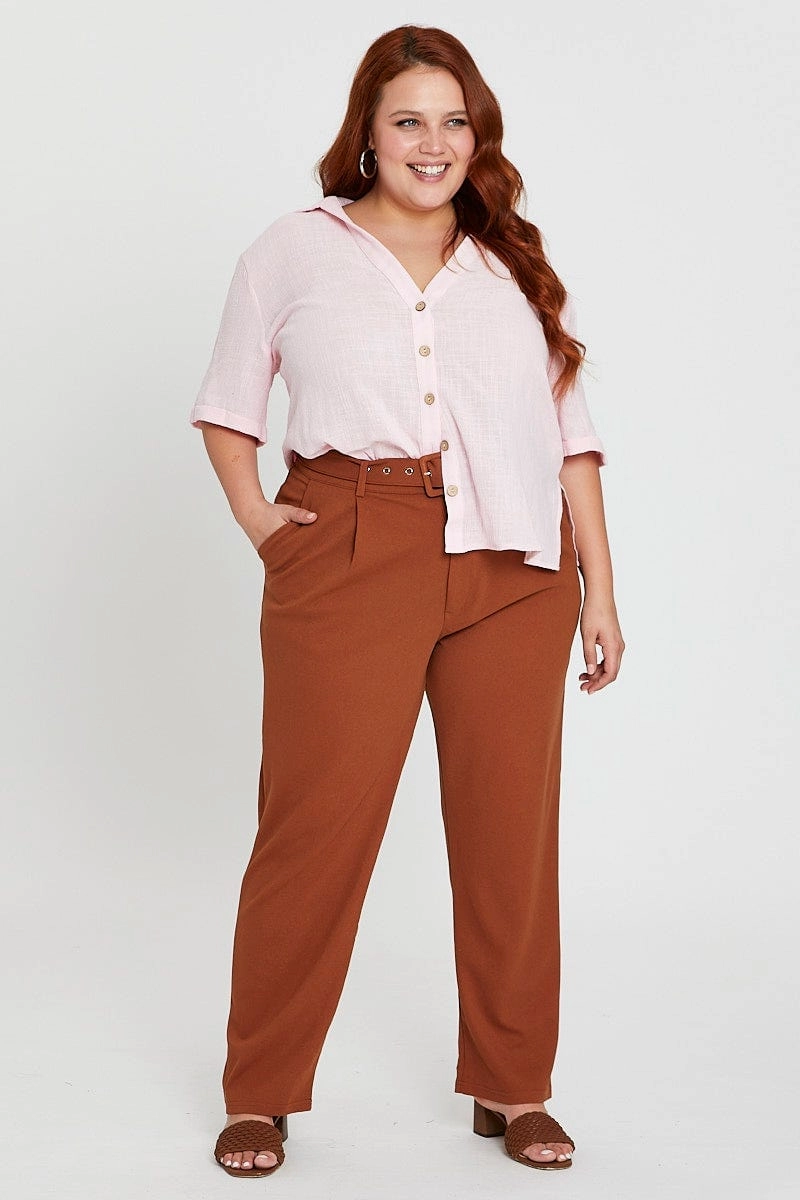 Cozy Wear Durable Buttons Pink V-neck Shirt Short Sleeve Textured