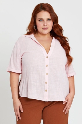 Classic Comfort Embroidered Detail Pink V-neck Shirt Short Sleeve Textured