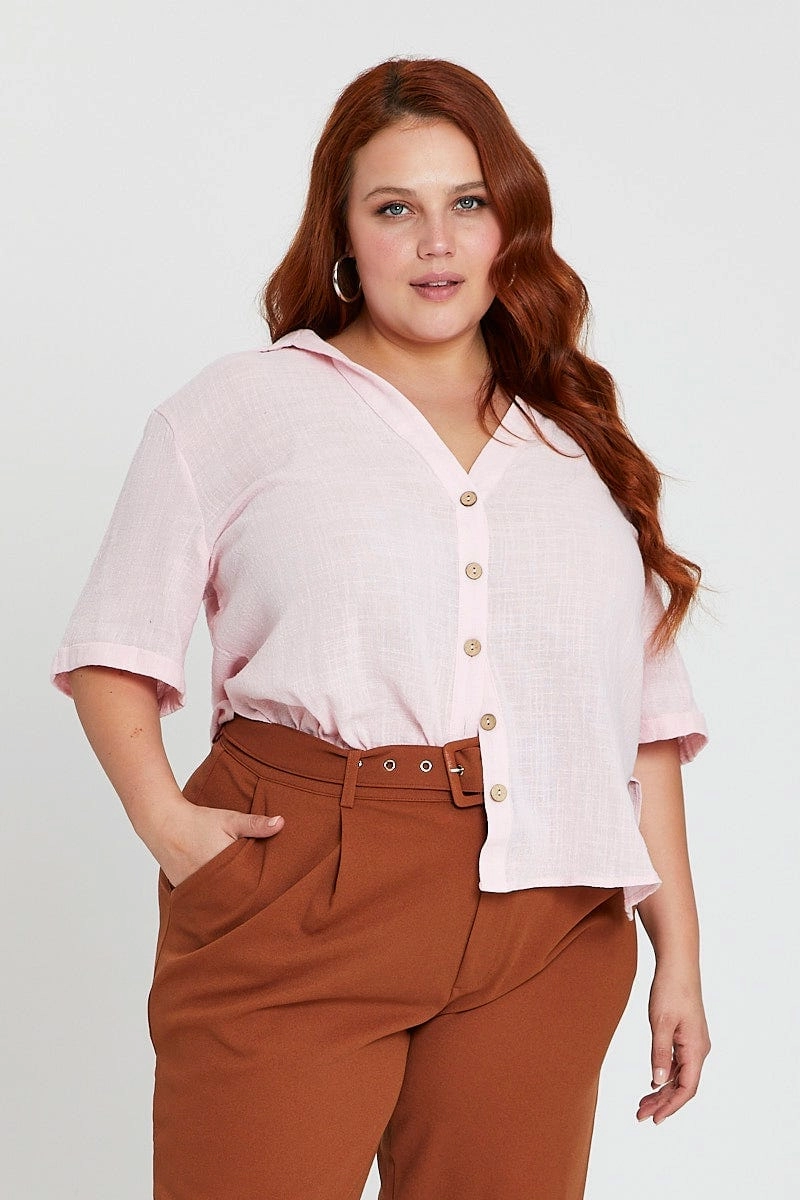 Pink V-neck Shirt Short Sleeve Textured Layered Sleeve Cuffs Anti Static Lining