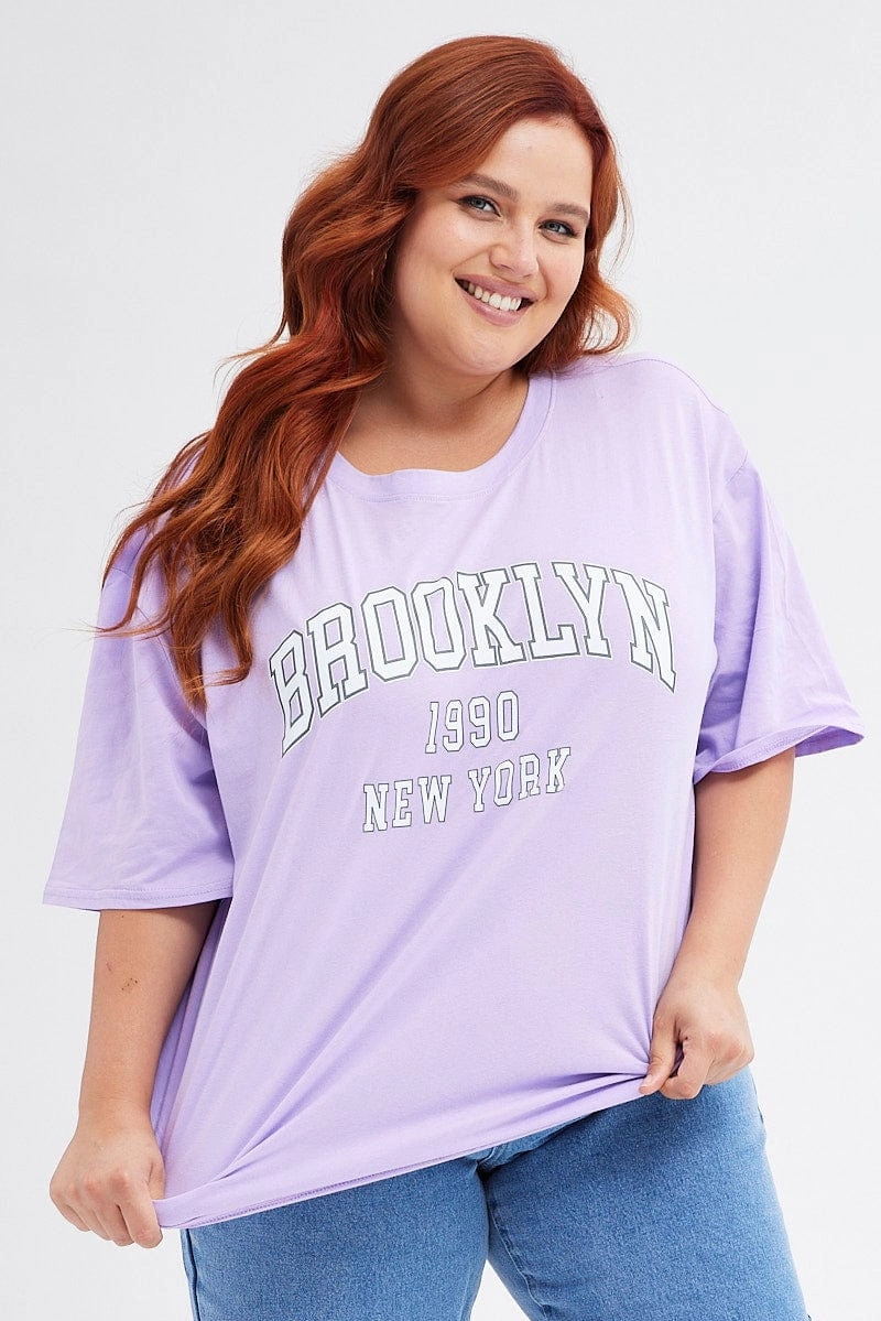 Purple Graphic T-shirt Short Sleeve Crew Neck SeamFreeShoulders