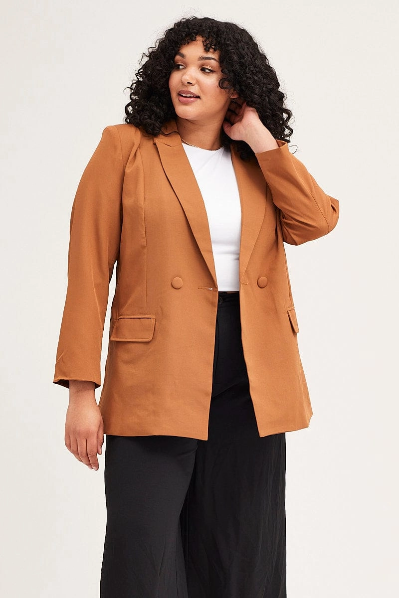Beige Long Sleeve Double Breasted Blazer Wardrobe Essential Hooded Comfort Fit