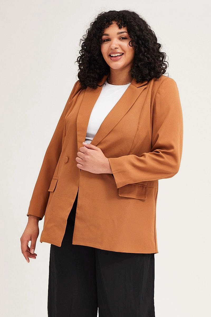 Soft Interior Brushing Beige Long Sleeve Double Breasted Blazer