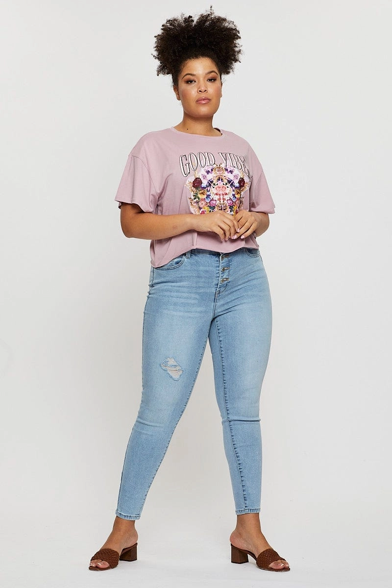 WrinkleFreeFabric comfortable option Pink Crop T-shirt Good Vibes Short Sleeve Cotton Semi