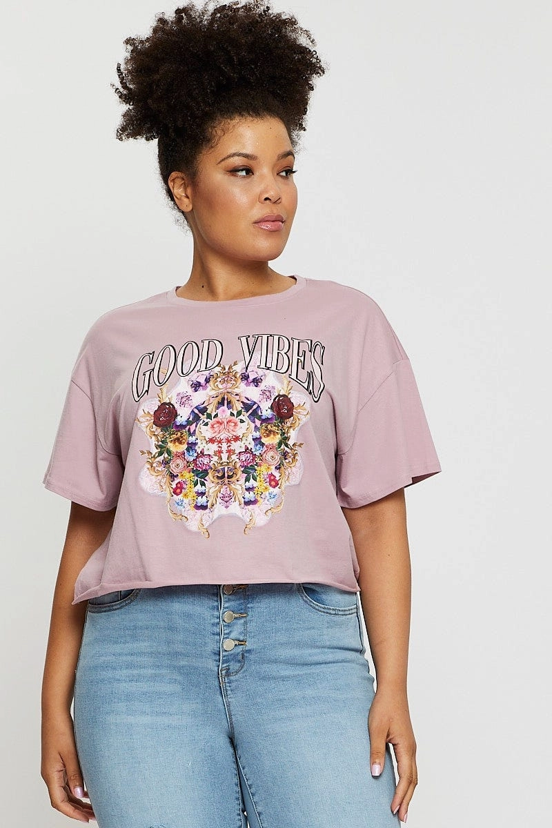 Pink Crop T-shirt Good Vibes Short Sleeve Cotton Semi Machine washable Weekend Style