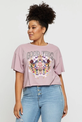 WrinkleFreeFabric Casual Essentials Wear Pink Crop T-shirt Good Vibes Short Sleeve Cotton Semi