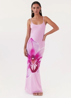Elastic Fit Bad News Mesh Maxi Dress - Pink Magnolia