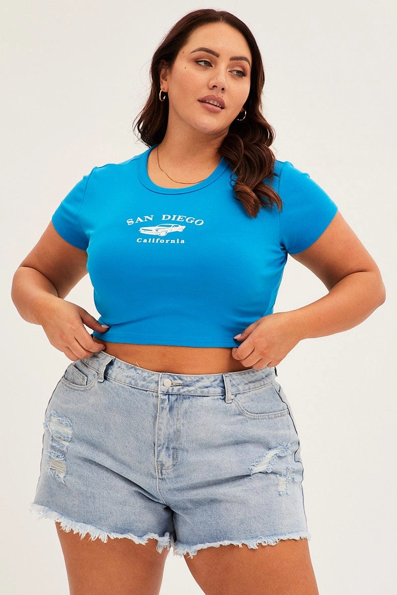 Blue Crew Neck Short Sleeve Crop Top Everyday Layering Cozy Performance